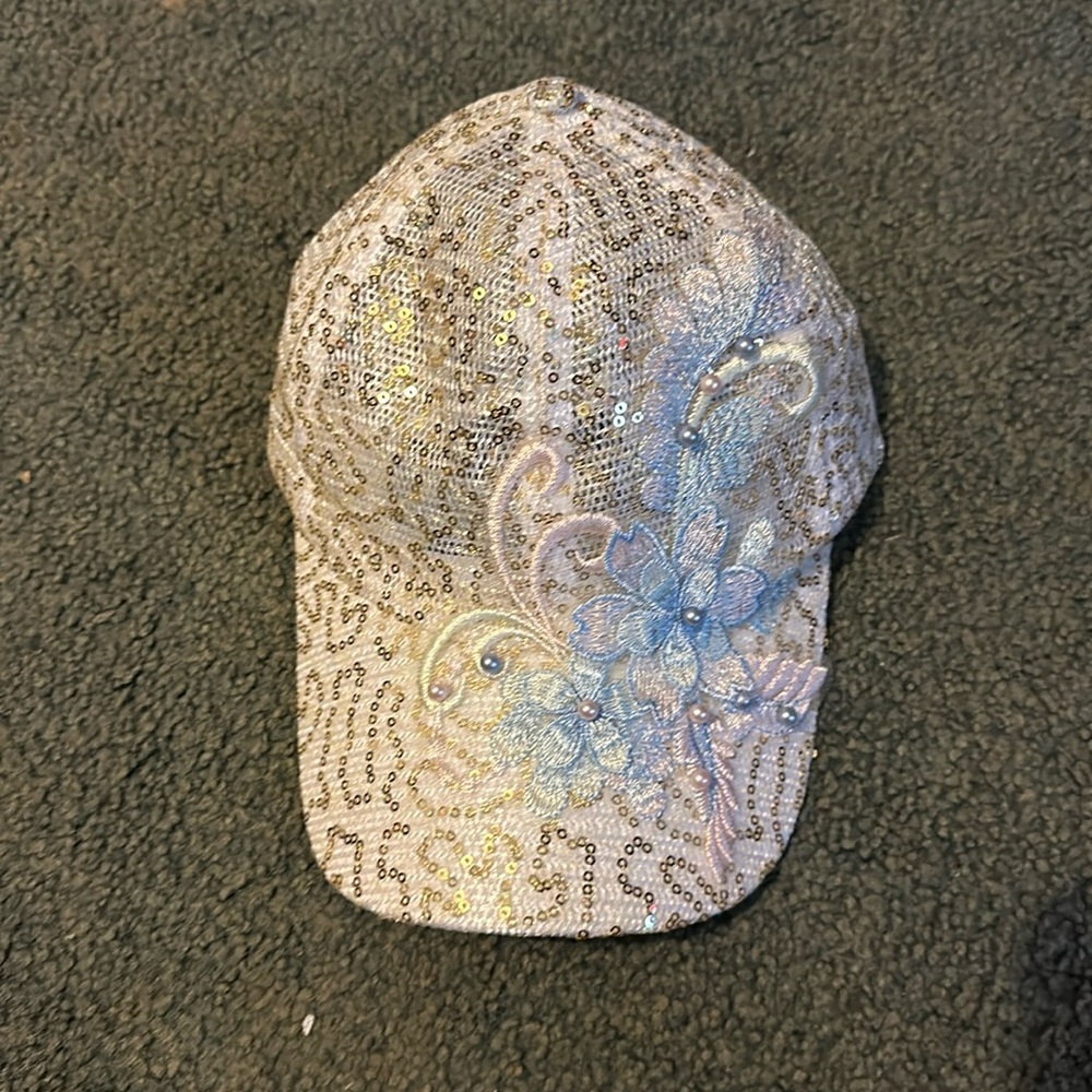 White Hat with Gold Sequin and Flower Accent